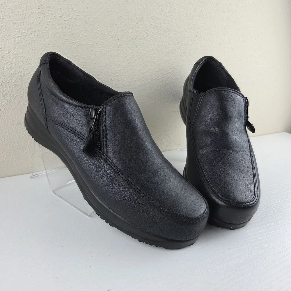 Dr. Scholl's Shoes Black Leather Double Air-Pillo Slip-On Zip Loafers Wmns 10 W